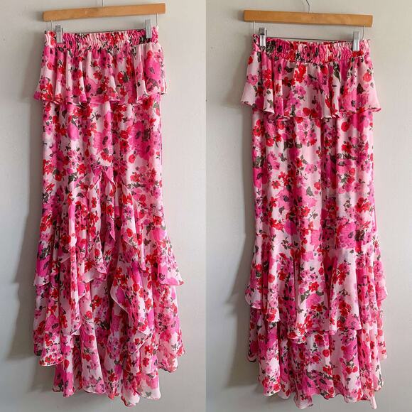 MISA Lucia Pink Poppy Floral Tiered Ruffle Maxi Skirt  $273 Size M Medium - Picture 2 of 5